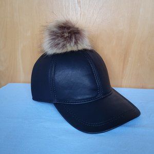 NEW Black Leather Baseball Hat Adjustable Back Strap with Removeable Fur Pom Pom